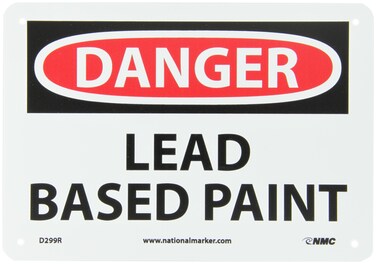 NMC D299R OSHA Sign, Legend "DANGER - LEAD BASED PAINT", 10" Length x 7" Height, Rigid Plastic, Black/Red on White