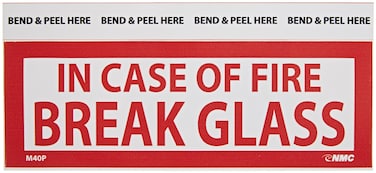 NMC M40P Restricted Area Sign, Legend "IN CASE OF FIRE BREAK GLASS", 5" Length x 1-3/4" Height, Pressure Sensitive Vinyl, Red on White