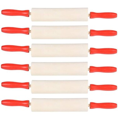 Mini Rolling 7.5 Inch (Pack of 6) Rolling Pin for Play Dough - Wood Kids Rolling Pin For Little Bakers, With Red Handles Arts and Crafts Clay Roller, 7.5" (6-Pack)