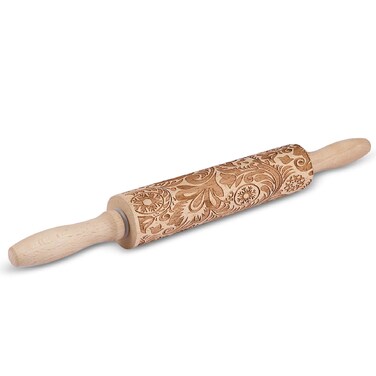 Flexzion Embossed Rolling Pins with Patterns for Baking, 7.7-inch Engraved Wooden Rolling Pin with Snowflake Flower Pattern Rolling Pin for Baking Pastry Pizza Dough Fondant Cookie Pie Crust Pasta