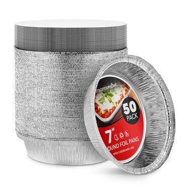 Stock Your Home 7 Inch Round Aluminum Pans with Paper Lids (50 Pack) Disposable Foil Pan with Paper Foil Top, To Go Pie Tins, Containers for Baking or Take out Food