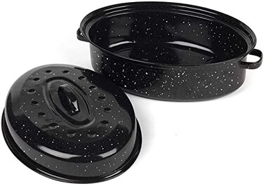 14.6 Inch Roaster Pan, Enamel Oval Turkey Roasting Pan with Domed Lid - Mother's Gift, Covered, Non-sticky, Free of Chemicals - R&Atilde;&acute;tissoire Chicken Meat Roasts Casseroles &amp; Vegetables (14.6 Inch)