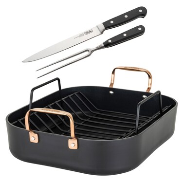 Viking Culinary Hard Anodized Roasting Pan, Includes Nonstick Rack &amp; Carving Set, Dishwasher, Oven Safe, Works on All Cooktops including Induction, Black