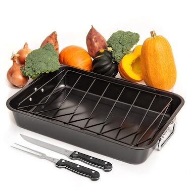 Moss &amp; Stone Carbon Steel Roaster Pan With &acirc;&euro;&oelig;V&acirc;&euro; Shape Removable Roasting Rack Set, 16.5 Inch Rectangular Nonstick Roasting Pan, Turkey Roaster Pan Rack With Carving Fork &amp; Chef Knife