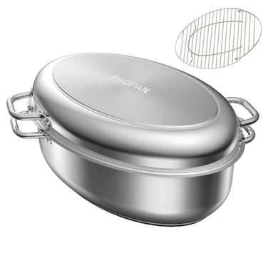 PROPAN Roasting Pan with Rack and Lid 12 Quart,18/10 Stainless Steel Multi-Use Oval Dutch Oven, Induction Compatible Dishwasher/Oven Safe Turkey Roaster,15 Inch