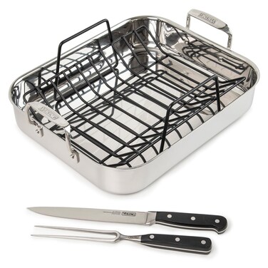Viking Culinary 3-Ply Stainless Steel Roasting Pan, Includes Nonstick Rack and Carving Set, Dishwasher, Oven Safe, Works on All Cooktops including Induction