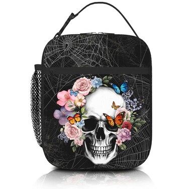 Skull Lunch Bag for Boys Girls Reusable Insulated Lunch Box Waterproof Cooler Bag Tote Bag Leakproof Portable Skull With Flowers Lunch Box for Kids Adults Picnic Working Hiking Beach Travel Camping