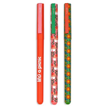 ban.do Write On Black Ink Pen Set of 3, Plastic Ballpoint Pens with Clip (Life's a Picnic)