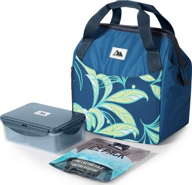 Arctic Zone High Performance Meal Prep Lunch Bag M.D with 6 Piece Printed Leak Proof Bento and 250g High Performance Ice Pack - Leafy Grey