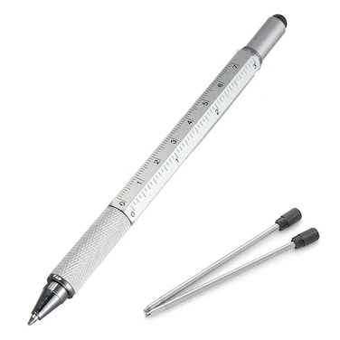 Multifunction Tool Pen, 6 in 1 Tool with Ballpoint Pen, Touch Screen Stylus, Ruler, Spirit Level, Flat-head and Phillips Screwdriver, All-in-One Tech-Tool Pen with Ink Refills (Silver + 2&Atilde;&mdash;Refills)