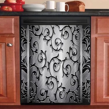 Kitchen Decor Dishwasher Magnet Steel Engraved Floral Fridge Door Cover,Steel Pattern Sticker Black Flower Dish Washer Magnetic Refrigerator Decals Home Appliance Sticker,Metal Pattern Panel S