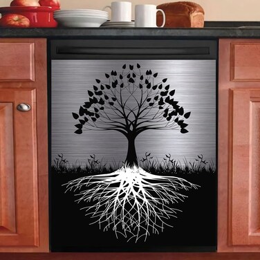 Tree of Life Dishwasher Cover Magnet Decor,23x26inch Large Polishing Metal Dishwasher Front Door,Black Kitchen Dishwasher Decal,Tree Refrigerator Panel,Sliver Metal Magnetic Dishwasher Sticker