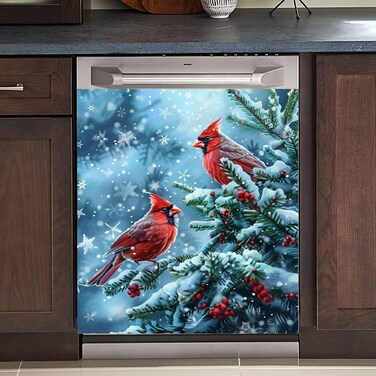 RTHDG Christmas Cardinals Kitchen Dishwasher Decor Cover Sticker, Winter Snowflakes Refrigerator Door Cover Magnetic Panel, Xmax Red Birds Vinyl Decal Sticker for Dishwasher - Magnetic 23&amp;quot; x 26