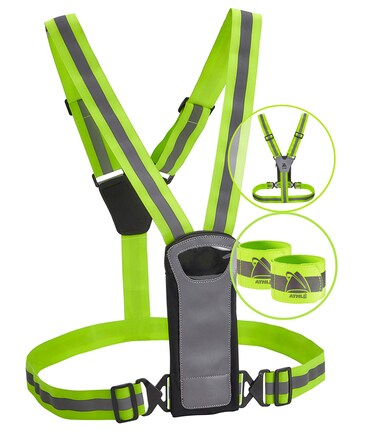 Athl&Atilde;&copy; Reflective Vest and Bands with Phone and Storage Pouch, Adjustable Stretch Waist Belt - Neon Yellow Straps - High Visibility Safety Gear for Running, Jogging, Biking, and Hiking
