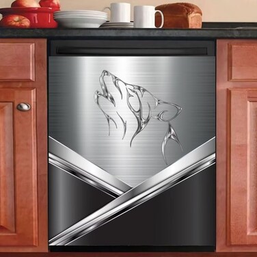 MLGB Metal Wolf Magnet Dishwasher Cover Vinyl Decal, Stainless Steel Covers for Appliances Refrigerator, Animal Magnetic Dishwasher Sticker, 23&amp;quot; x 26&amp;quot; Magnetic