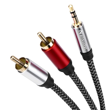 Nanxudyj 2RCA to 3.5mm Cable 25ft,Nylon-Braided 3.5mm AUX Cord to 2RCA Audio Cable for Stereo Receiver Speaker Smartphone Tablet HDTV MP3 Player &amp; More Stereo Cable Audiophiles Headphone 2RCA Cable
