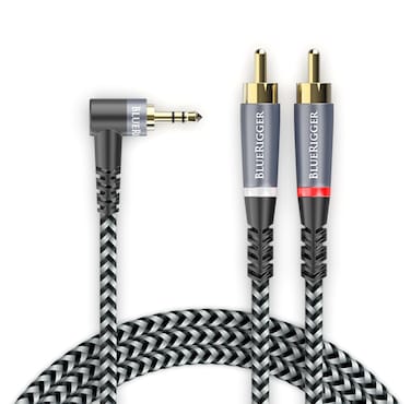 BlueRigger 3.5mm Aux to 2RCA Audio Cable (10FT, 90D Stereo Splitter Y 2RCA Male, Braided, 1/8" RightAngled TRS to RCA, Hi-Fi Sound, Metal Shell) - for Phones, Amplifiers, Tablets, Home Theater, HDTV
