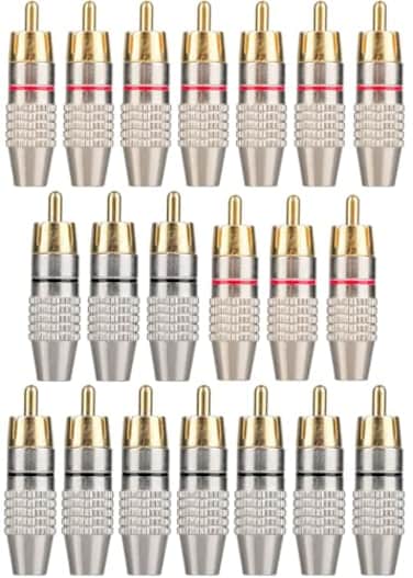 Elechood 20Pack RCA Male Plug Solder, Gold Audio Video Cable Adapter Connector for Speaker Wire Wall Plate Home Theater Audio Video Receiver Amplifiers and Sound Systems