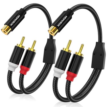 HOSONGIN 1ft RCA Splitter 1 Female to 2 Male Y Adapter 2 Pack, Short RCA Audio Speaker Splitter Cable, Double Shielding Black Nylon Braided Cable - Gold-Plated Plug - Length 12 Inch