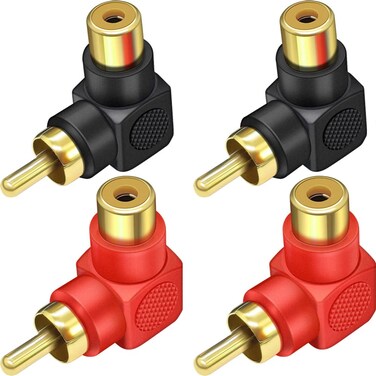 Warmstor RCA Male to RCA Female Connectors Right Angle 4-Pack, RCA M/F Adapters 90 Degree Elbow Gold-Plated (2 Black + 2 Red)