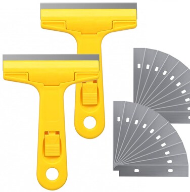 2pack Razor Blade Scraper, Industry Glass Window Scraper, Heavy Duty Cleaning Scraping Hand Tool with 20pcs Blades for Putty Residue Stains Paints Glue Mud Wallpaper Removing Remover Cleaner (Yellow)