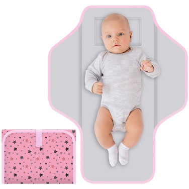 CUXFLS Baby Portable Diaper Changing Pad, Foldable Travel Diapering Changing Mat with Built-in Pillow, Waterproof Compact Changing Pad for Newborn Baby Changing Station, Infant Gift&iuml;&frac14;&circ;Pink Star)