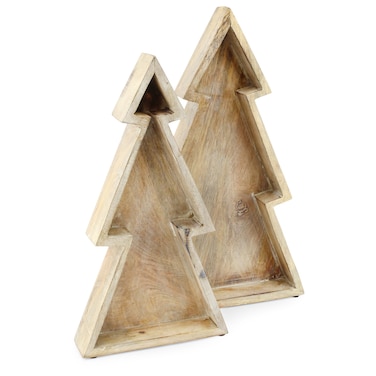 AuldHome Design Wooden Christmas Tree Trays (Nested Set of 2, Natural), Distressed Rustic Farmhouse Style Holiday Christmas Serving Decorative Platters