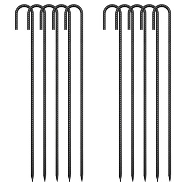 AAGUT 36 Inches 10 Pack J Hook Rebar Stakes Heavy Duty Tent Stakes with Chisel Point End, Steel Ground Anchors Metal Garden Stakes Chain Link Fence Stakes Black Coated