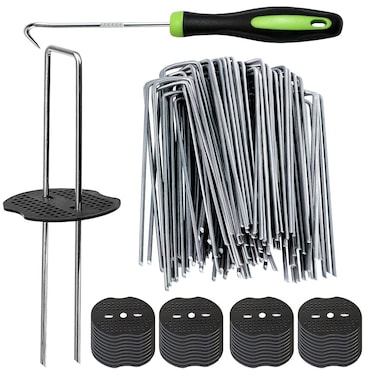 100Pcs Garden Stakes Staples + 100Pcs Gasket, Bakulyor 6 Inch Lawn Landscape Staples 11 Gauge U Shaped Galvanized Landscape Pins, Heavy Duty Yard Ground Pin for Weed Barrier Sod Fabric Decorations