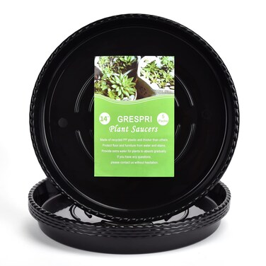 GRESPRI 14-Inch Black Plant Saucer for Indoors, 5 Packs Heavy Duty Plastic Plant Trays 12.5 Inches Base, Sturdy 5 Gallon Planter Drip Tray for Outdoors Garden Pots.