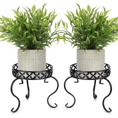 OwnMy Set of 2 Metal Round Plant Stand Rustproof Iron Flower Pot Holder, Modern Plant Display Potted Rack, Indoor Outdoor Plant Stand Heavy Duty Plant Holder for Home, Garden, Plant Lovers (Black)