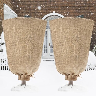 Riare 2 Packs 45 &Atilde;&mdash; 70 Inch Burlap Winter Plant Cover Bags with Drawstring- Reusable Large Burlap Sack Plant Frost Protector, Plant Frost Cloth Cold Tree Freeze Blanket for Outdoor Plants Fruit Shrubs