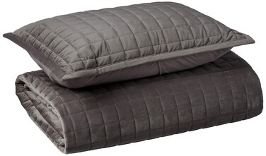 Tribeca Living Velvet Twin Quilt Set, Two-Piece Box Stitch Bedding Set Includes One Oversized Quilt &amp; One Sham Pillowcase, 260GSM Super Soft Velvet, Florence/Smoke Grey