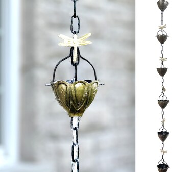 Rain Chains by JASINC 8.5 ft Dragonfly Cups Antique Brass, to Replace Roof Gutter Downspout, with Installation Kit, Rainwater Catcher/Water Diverter, JAS8004AB