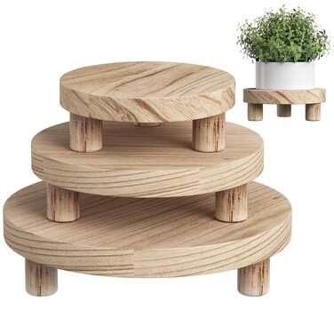 3 Pcs Wood Plant Stand Indoor Outdoor, Wooden Stool Display Stand 6/8/10" Round Riser Flower Pot Holder Small Planter Tray Modern Potter Decorative for Garden Desktop Home Table Counter Room, Natural