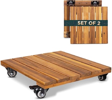 2pack Wood Plant Caddy With Wheels Heavy Duty, 264 Lbs Capacity, 12 Inch Acacia Hardwood Plant Dolly, Plant Stand with 360&Acirc;&deg; Lockable Wheels for Plant Pots, Heavy Objects Hauling - Natural Wood