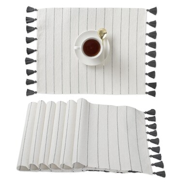 Folkulture Placemats Set of 6, 100% Cotton Ribbed Place Mats 14 x 19 Inches with Cute Tassels, Table Mats for Farmhouse Table Decorations, Modern Boho Placemats for Dining Table, Charcoal Gray