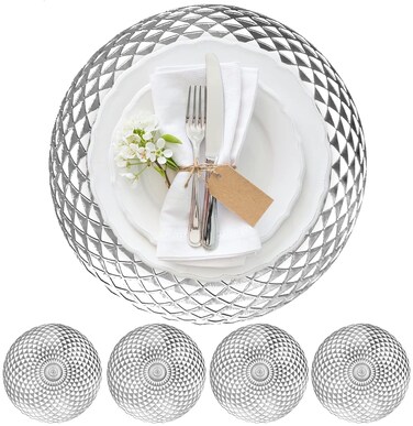 Vinyl Round Placemats Set of 4 - Non Slip Place Mats Ideal for Indoor and Outdoor Dining Table - Washable and Heat Resistant Table Mat for Kitchen Tables (Hunter Silver)