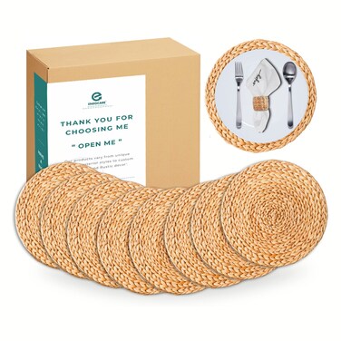 Eneocare Round Woven Placemats Set of 8, Wicker Placemats, Natural Water Hyacinth Placemats, Braided Straw Table Mats, Heat Resistant Non-Slip for Kitchen, Dining and Home Decor (11.8")