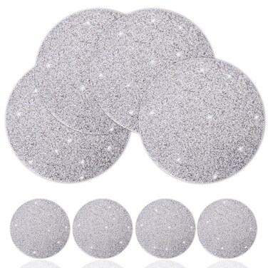 Silver Set of 4 Round Placemats &amp; 4 Pieces Coasters Set Washable Heat Resistant Table Mats for Halloween Fall Christmas Kitchen Dining Table Sparkle Decoration Rhinestone Placemat (15 Inches)