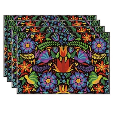 Linen Mexican Fiesta Placemats Set of 4 Cinco De Mayo Table Mats Dia De Los Muertos Decor Day of The Dead Decorations and Supplies for Home Kitchen Dining Room Table