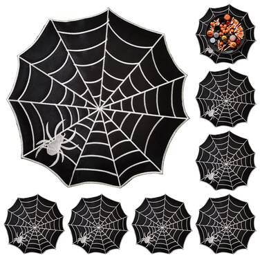 Spider Web Halloween Placemats Set of 8,Black Cloth Table Mats Heat-Resistant Washable for Party Kitchen Dining Decoration (13.77X13.77inch)