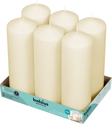 BOLSIUS 6 Ivory Pillar Candles Bulk - 3x9 Inches Candle Set - 116+ Hours Clean Burning - No Palm Oil - 0% Animal Fat - Premium European Quality - Unscented Dripless Any Occasion Pillars
