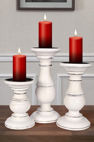 Set of 3 Wooden Pillar Candle Holders, Ideal for LED and Pillar Candles, Gifts for Wedding, Party, Home, Spa, Reiki, Aromatherapy, Votive Candle Gardens - 10 Inch, 8 Inch, and 6 Inch - Antique White