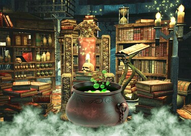 DePhoto Halloween Photography Backdrop Witch Magic Cauldron Bookshelf in Spooky Room Party Decoration Portrait Background Vinyl Photo Studio Booth Props PGT646B 9x6ft