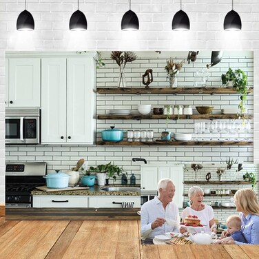 OERJU 8x6ft Kitchen Room Interior Backdrop Kitchenware Microwave Oven Cabinet Pot Bowl Cook Cooker Photography Background Modern House Decor White Simple Art Video Shooting Vinyl Studio Props