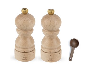 Peugeot Paris u'Select 6 Setting Manual beechwood Salt &amp; Pepper Mill Set With Wooden Spice Scoop Made In France (Natural, 5- Inch)