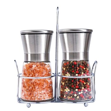 Salt and Pepper Grinder Set of 2 - with Stainless Steel Stand - Adjustable Coarseness Salt Grinders and Mills Refillable - Salt and Pepper Mill with Ceramic Grinding Core and Durable Glass&iuml;&frac14;&circ;Short)