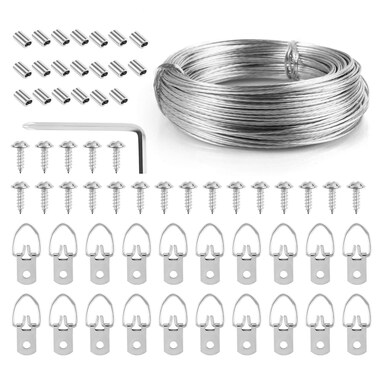 Upgraded Picture Hanging Kit, 182 Pcs Frame Hooks Hardware Including Picture Hanging Wire(100 feet), 70Pcs D-Ring Picture Hangers with 70Pcs Screws, 40Pcs Aluminum Crimping Sleeves and 1 Screwdriver