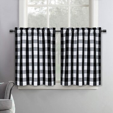 SeeGlee Black and White Farmhouse Living Buffalo Check Window Short Curtain Tiers for Kitchen, 24 Inches Long Plaid Country Style Tier Curtains for Samll Windows(29 W x 24 L,Set of 2)